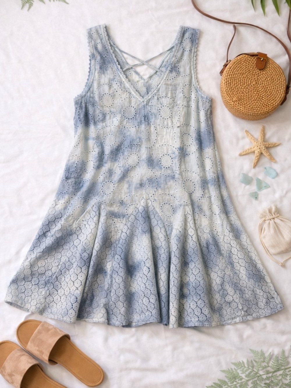 Umgee USA Blue Eyelet Dress Boho Lace Sleeveless Flowy Size M